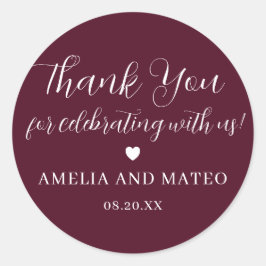 Sticker Rond Bourgogne Rouge calligraphie Mariage Merci Favoris
