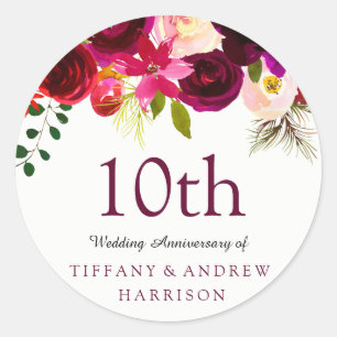 Sticker Rond Bourgogne Rouge Floral Boho 10e anniversaire Maria