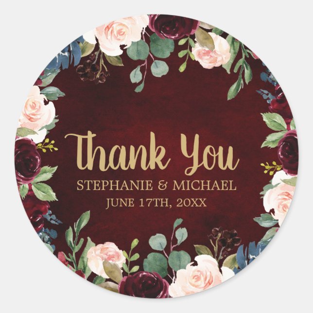 Sticker Rond Bourgogne Rouge Floral Russe Boho Merci (Devant)