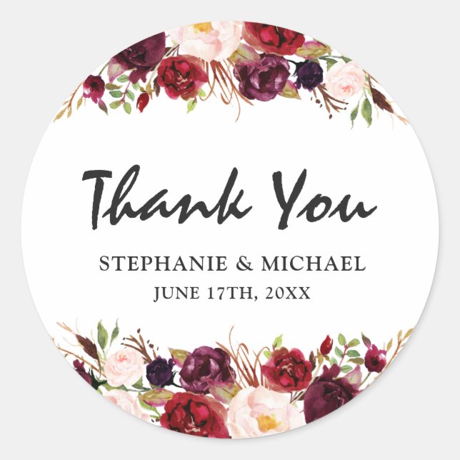 Sticker Rond Bourgogne Rouge Floral Russe Boho Merci (Devant)