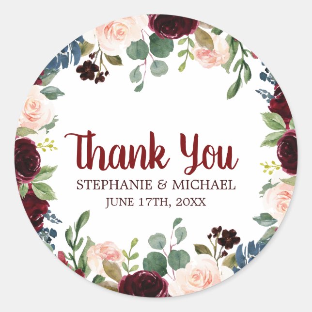 Sticker Rond Bourgogne Rouge Floral Russe Boho Merci (Devant)