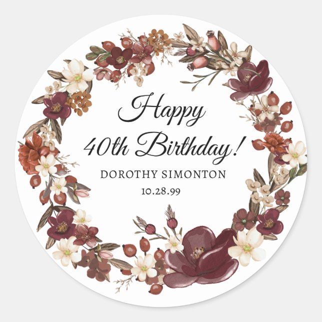 Sticker Rond Bourgogne rouge mauve automne fleurs 40e anniversa (Devant)