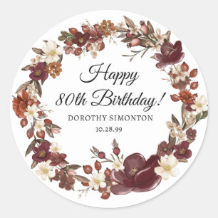 Sticker Rond Bourgogne rouge mauve automne fleurs 80e anniversa
