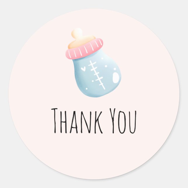 Sticker Rond Bouteille Bleu & Rose Bébé Merci mou (Devant)