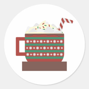 Sticker Rond Bouteille de cacao chaud rouge vert avec marshmall