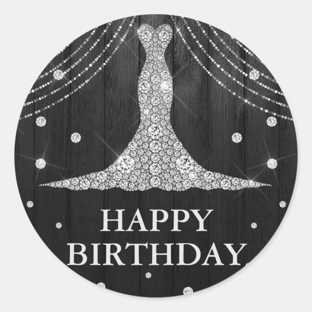 Sticker Rond Bouteille de robe noire en argent Joyeux anniversa (Devant)
