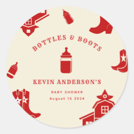 Sticker Rond Bouteilles & Boots Baby shower rouge rétro