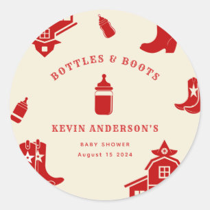 Sticker Rond Bouteilles & Boots Baby shower rouge rétro