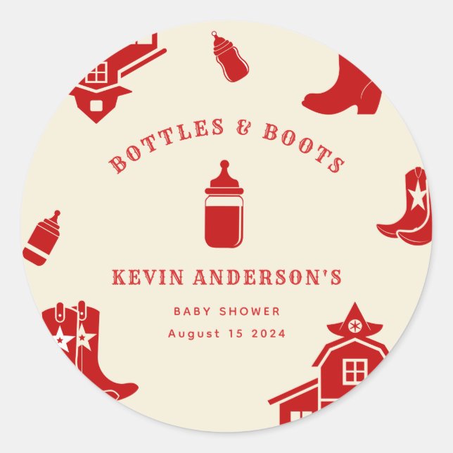 Sticker Rond Bouteilles & Boots Baby shower rouge rétro (Devant)