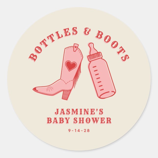 Sticker Rond Bouteilles & Bottes Cowgirl Western Baby shower ro (Devant)