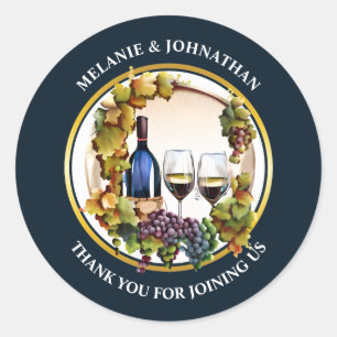 Sticker Rond Bouteilles de vin à l'aquarelle raisins bleu or bl