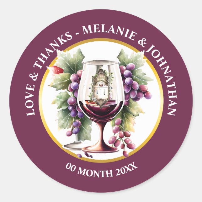 Sticker Rond Bouteilles de vin à l'aquarelle raisins vignoble d (Devant)