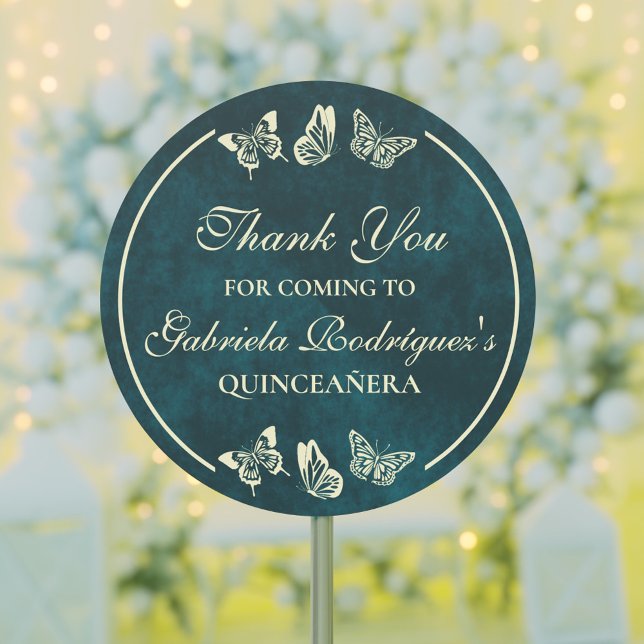 Sticker Rond Bouteilles Emerald Green Gold 15e Quinceañera (Emerald Green Gold Butterflies 15th Quinceañera Classic Round Sticker)