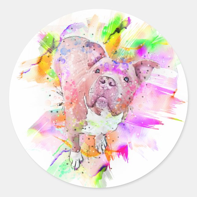 Sticker Rond Bouton d'art de l'aquarelle de chien Pitbull (Devant)