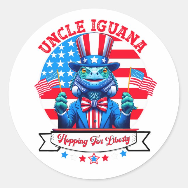 Sticker Rond Bouton d'iguane patriotique 4 juillet drôle (Devant)