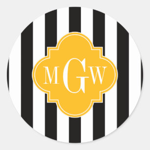 Sticker Rond Bouton d'or noir blanc Quatrefoil 3 Monogramme