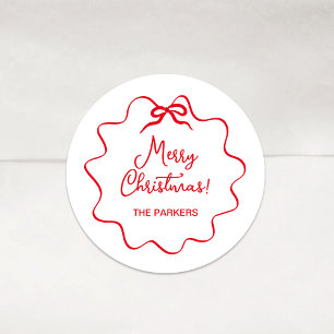 Sticker Rond Bow de Noël Blanc ondulé avec rouge