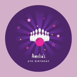 Sticker Rond Bowling Anniversaire Fête rose violet étoiles Favo