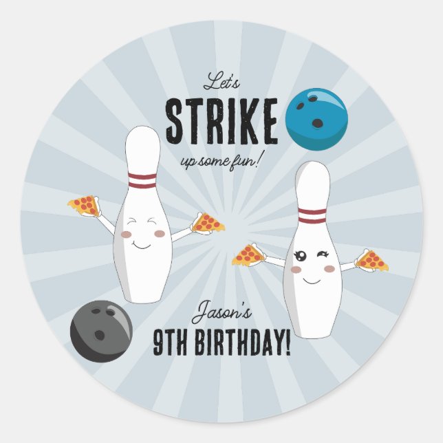 Sticker Rond Bowling Pizza Grève Un Anniversaire de enfant Amus (Devant)