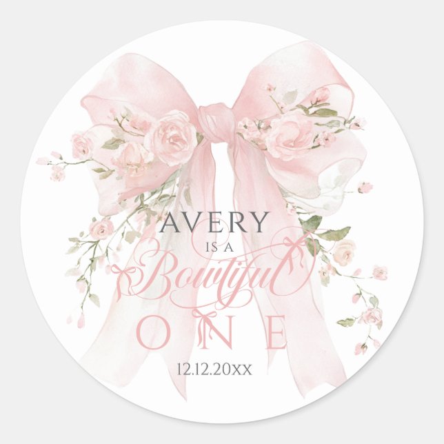 Sticker Rond Bowtiiful One 1st Birthday Floral Bow Girls (Devant)