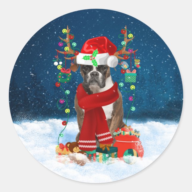 Sticker Rond Boxer chien avec cadeaux de Noël Jeter Oreiller (Devant)