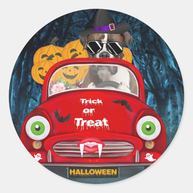 Sticker Rond Boxer Chien Conduite Voiture Effrayant Halloween (Devant)