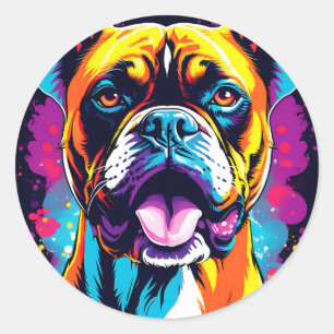 Sticker Rond Boxer Chien Portrait Pop Art