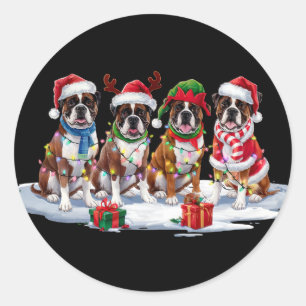 Sticker Rond Boxer chien Santa chapeau bois luge de Noël