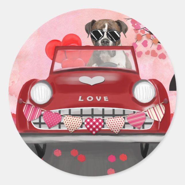 Sticker Rond Boxer Chien voiture avec les coeurs Valentine's (Devant)