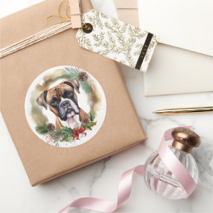 Sticker Rond Boxer Christmas Wreath Festive Pup