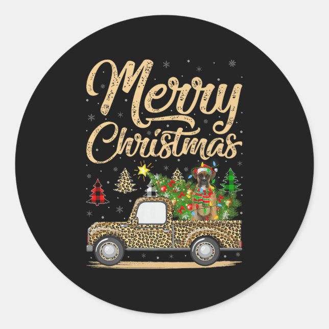Sticker Rond Boxer Dog Christmas Tree Leopard Truck Dog Christm (Devant)