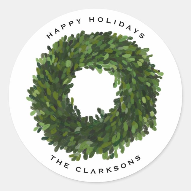 Sticker Rond Boxwood Peint à la main Wreath Joyeuses vacances (Devant)
