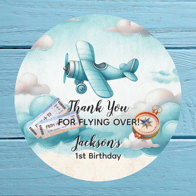 Sticker Rond Boy Cute Blue Avion Voyage Anniversaire de enfant  (Créateur téléchargé)