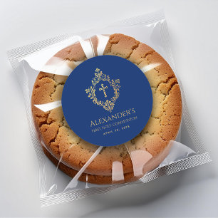 Sticker Rond Boy First Communion Royal Blue Gold Vintage Crest