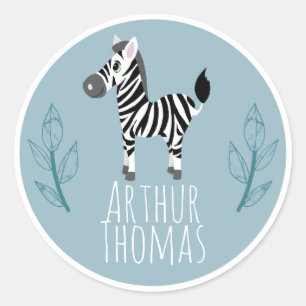 Sticker Rond Boys Cute Safari Zebra Name Kids Boplate
