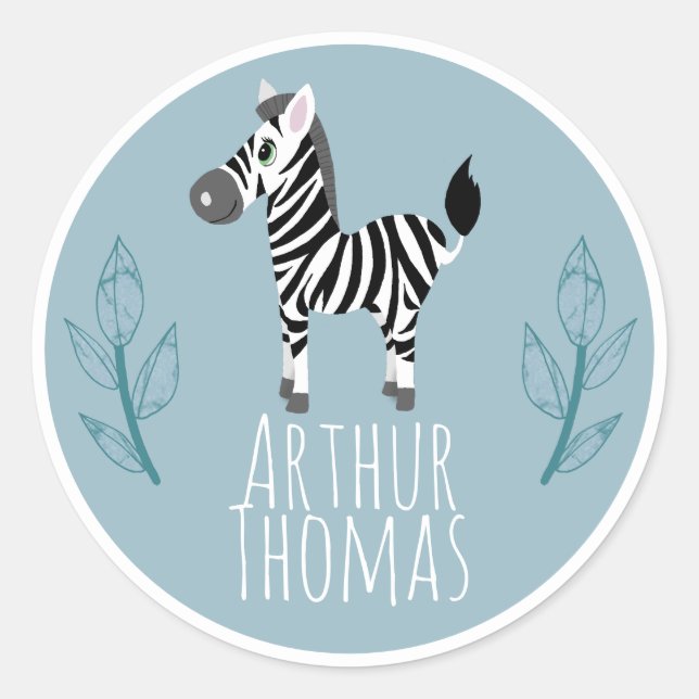 Sticker Rond Boys Cute Safari Zebra Name Kids Boplate (Devant)