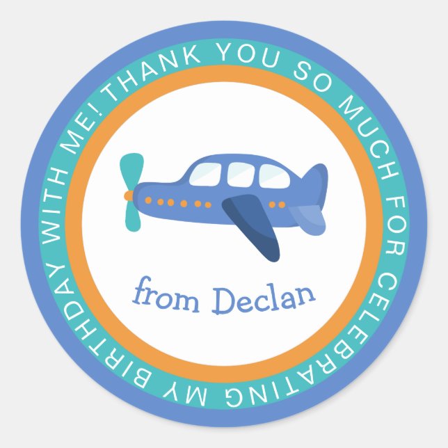 Sticker Rond Boys Nom de l'avion Anniversaire Merci (Devant)