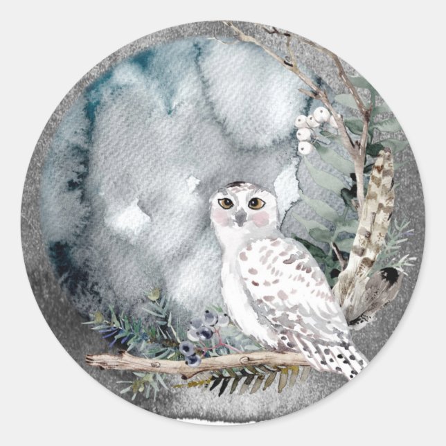 Sticker Rond Branche de la lune de neige hivernale Mariage d'aq (Devant)