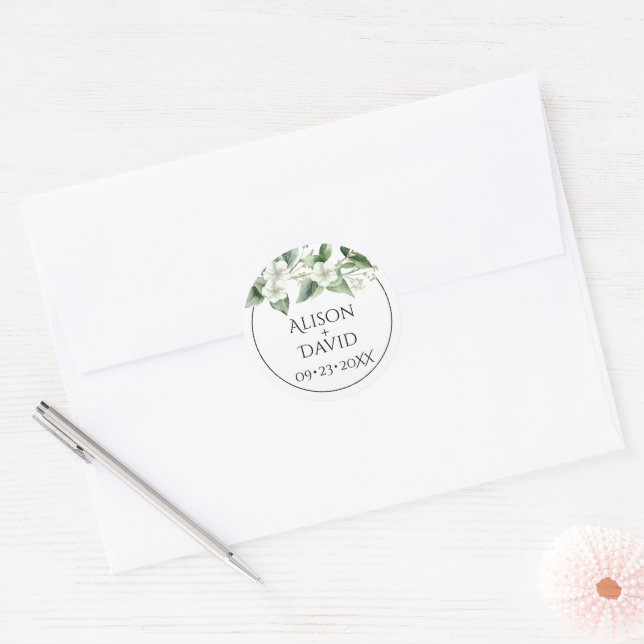 Sticker Rond Branche d'Eucalyptus, fleurs blanches mariage (Enveloppe)