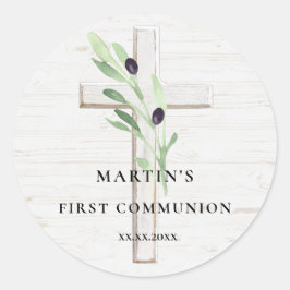 Sticker Rond Branche d'olive bois blanc Croix Première communio