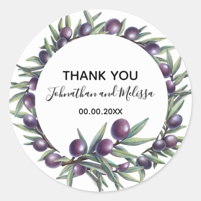 Sticker Rond Branche d'olive violette / Merci à la fête (Devant)