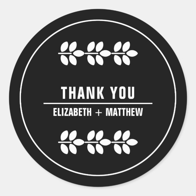 Sticker Rond Branches blanches Merci Mariage noir (Devant)