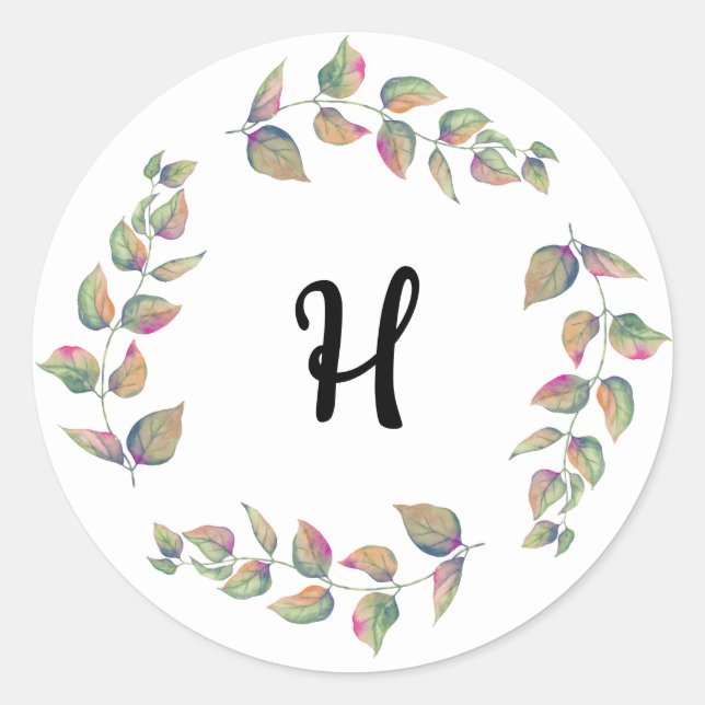 Sticker Rond Branches d'aquarelle Monogramme personnalisé (Devant)