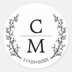 Sticker Rond Branches du Monogramme de Laurel noir blanc Mariag