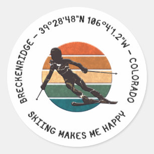 Sticker Rond Breckenridge, Colorado - Skieuse, Texte noir