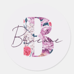 Sticker Rond Brienne Baby Name Flower Script Vintage Floral B