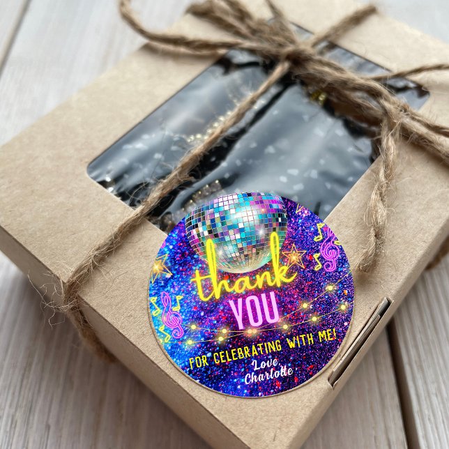 Sticker Rond Bright Neon rose brillant Disco Dance Party Merci (Créateur téléchargé)