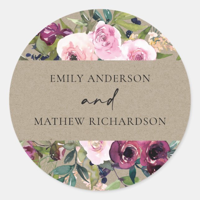 STICKER ROND BRILLANT KRAFT BLUSH BURGUNDY FLORAL BUNCH MARIAGE (Devant)