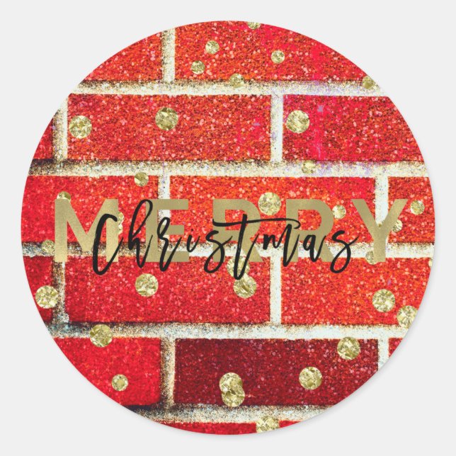 Sticker Rond Brique rouge et Parties scintillant Joyeux Noël Gl (Devant)