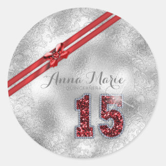 Sticker Rond Brocade Argent quinzième anniversaire Rouge ID382